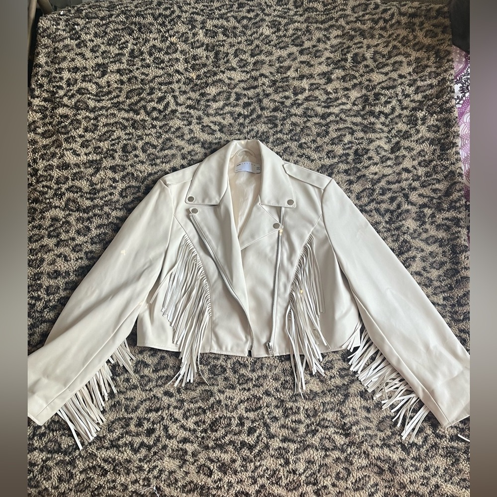 Faux Leather Motorcycle Jacket with Fringe